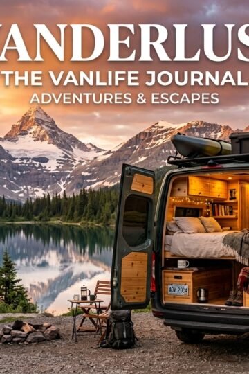 DIY camper van conversion parked beside a mountain lake with a cozy wooden interior at sunrise.