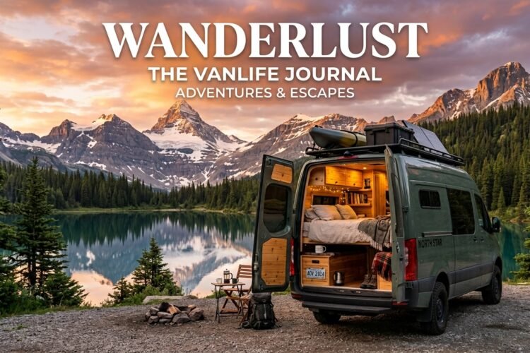 DIY camper van conversion parked beside a mountain lake with a cozy wooden interior at sunrise.
